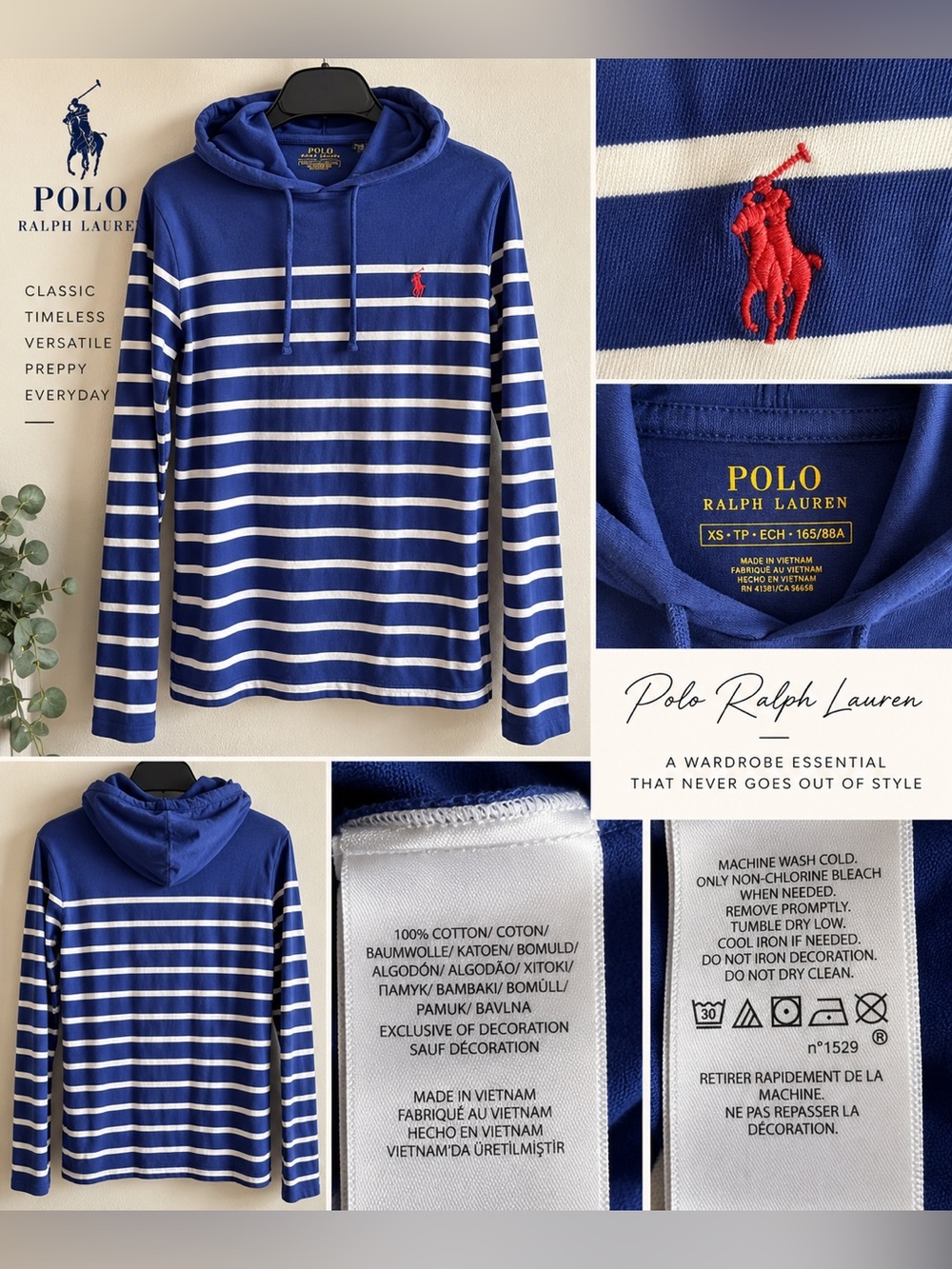Polo by Ralph Lauren Royal Blue & White Striped Hooded Long-Sleeve Shirt